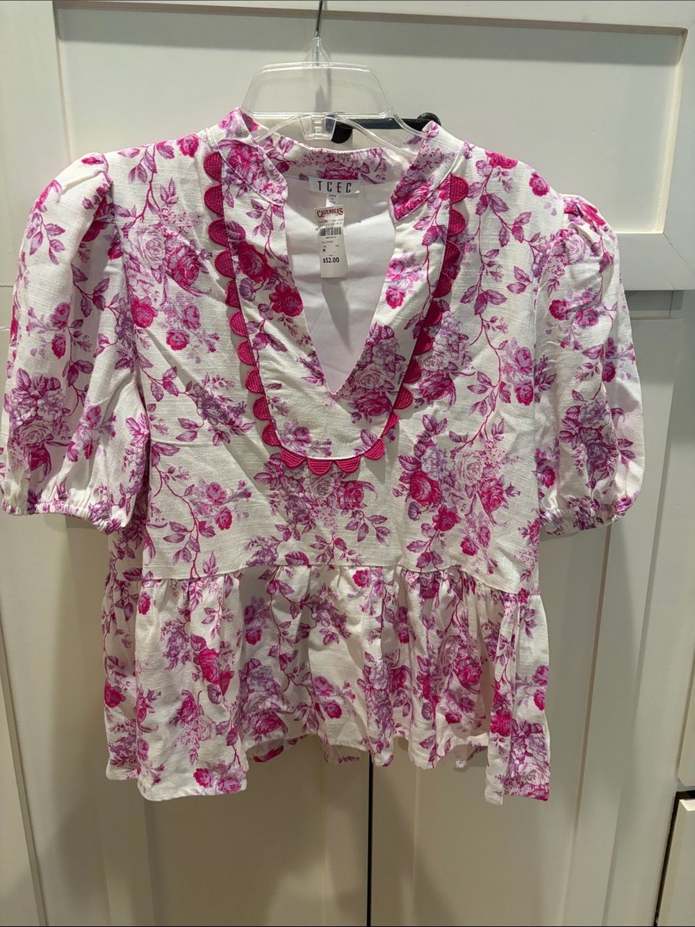 TCEC Pink Floral Peplum Blouse with Scalloped V-Neck
